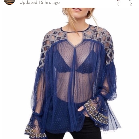 Free People Joyride Knit Sheer Lace Navy Blue Embroidered Top - Picture 4 of 14